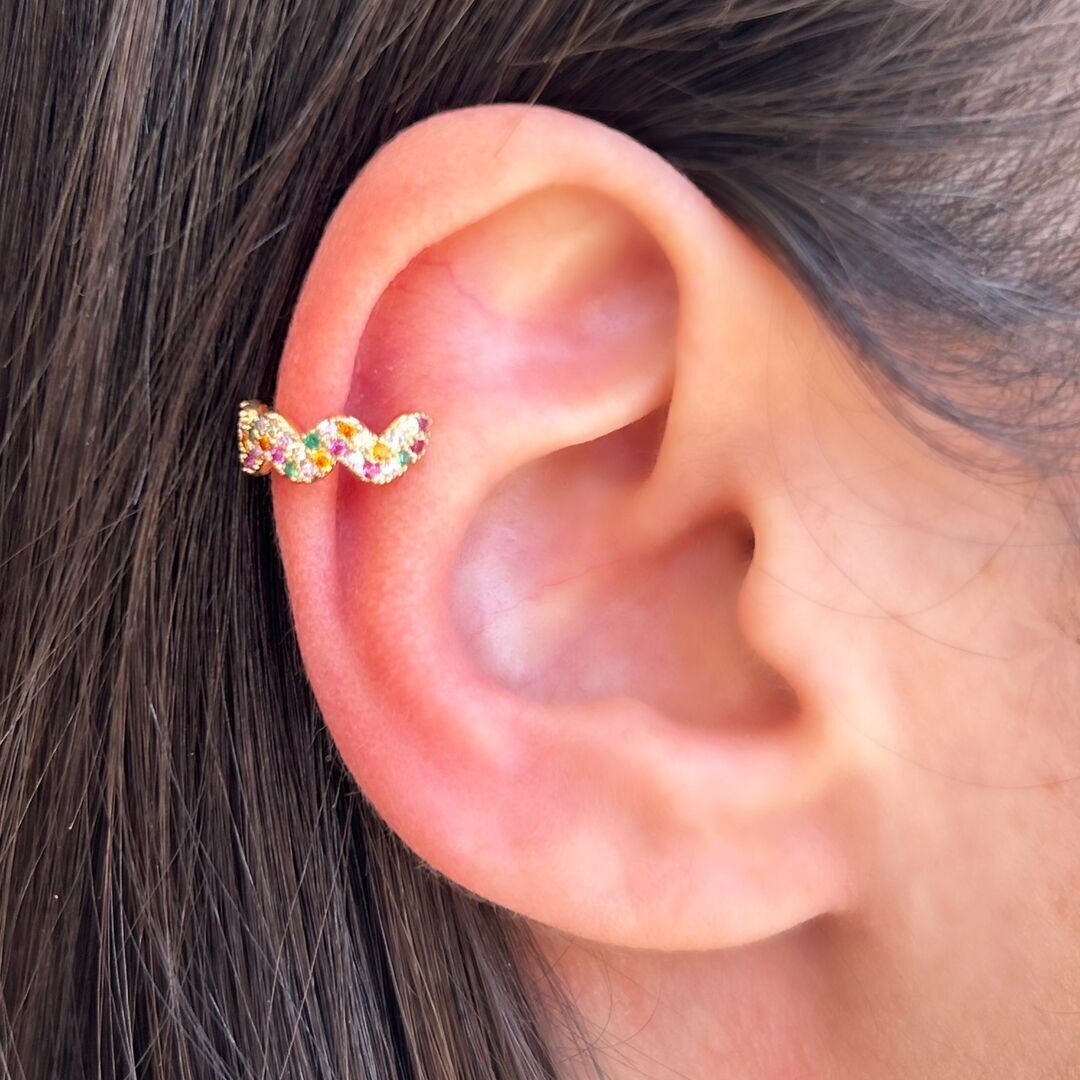 Piercing Fake ZigZag Cravejado Rainbow Dourado