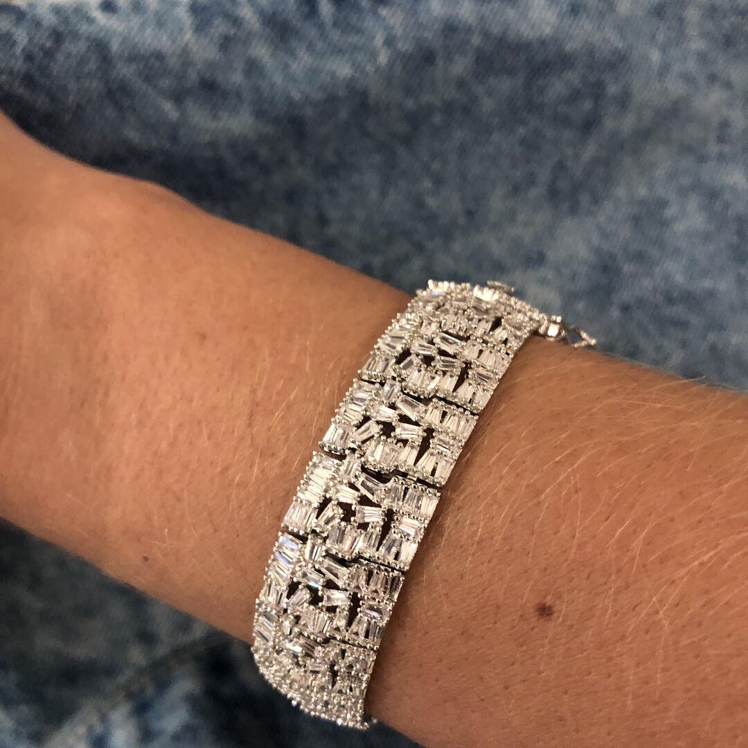 Pulseira Full Baguetes Luxo Cristal Ródio