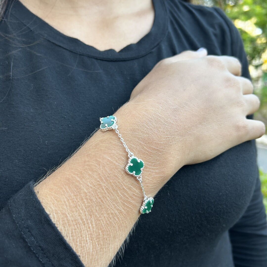 Pulseira Trevo c/ 3 Pingentes P Verde Lisa Prateada