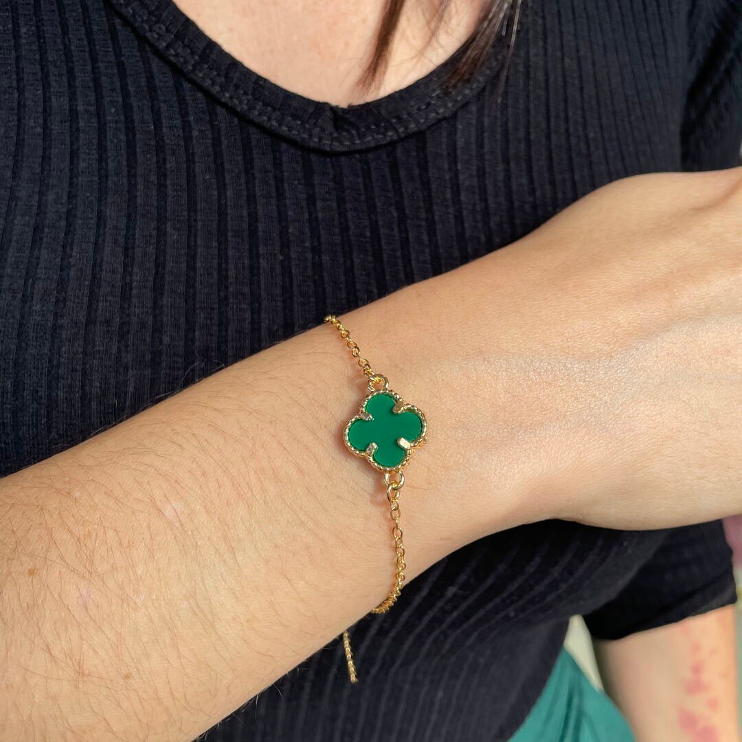 Pulseira c/ 1 Trevo G Verde Lisa Dourada