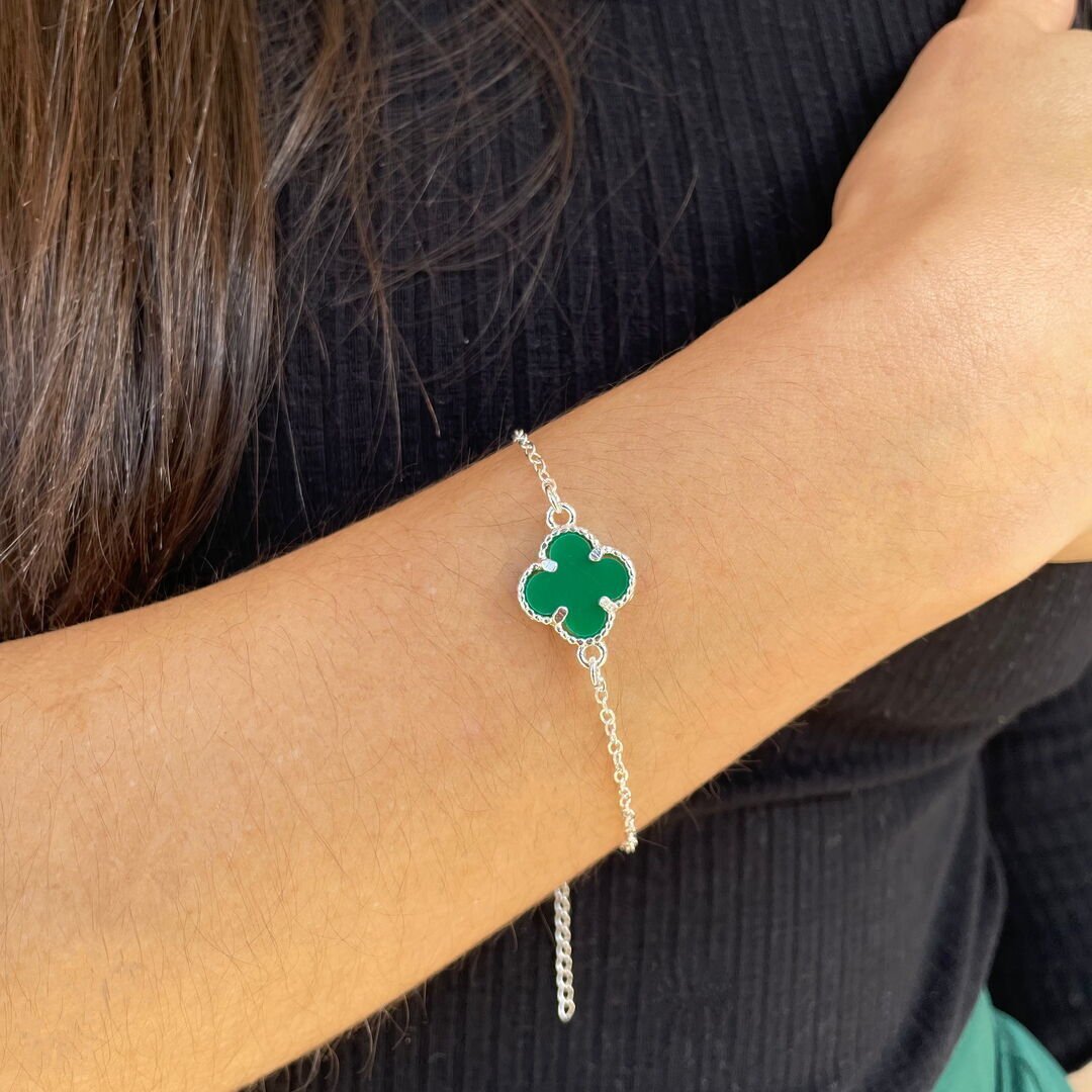 Pulseira c/ 1 Trevo G Verde Lisa Prateada