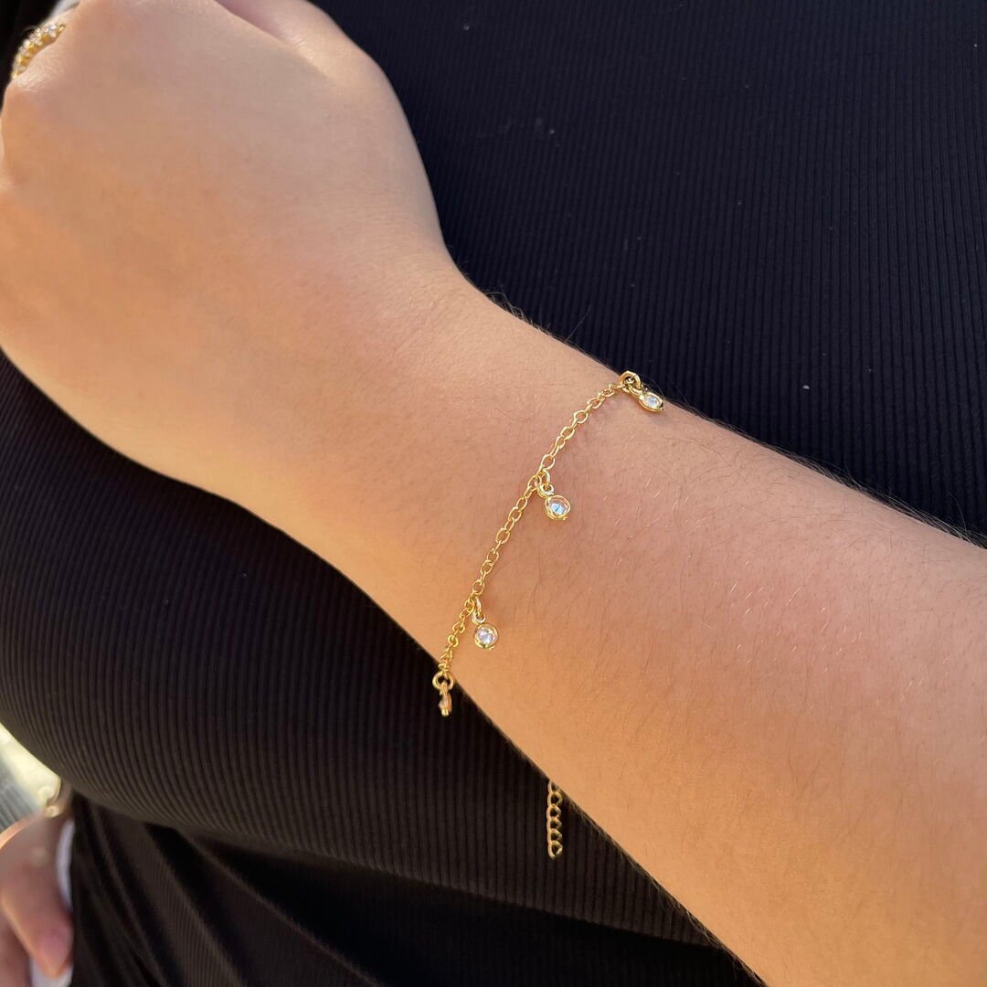 Pulseira c/ 7 Pontos de Luz Pendurados 3mm Cristal Dourada