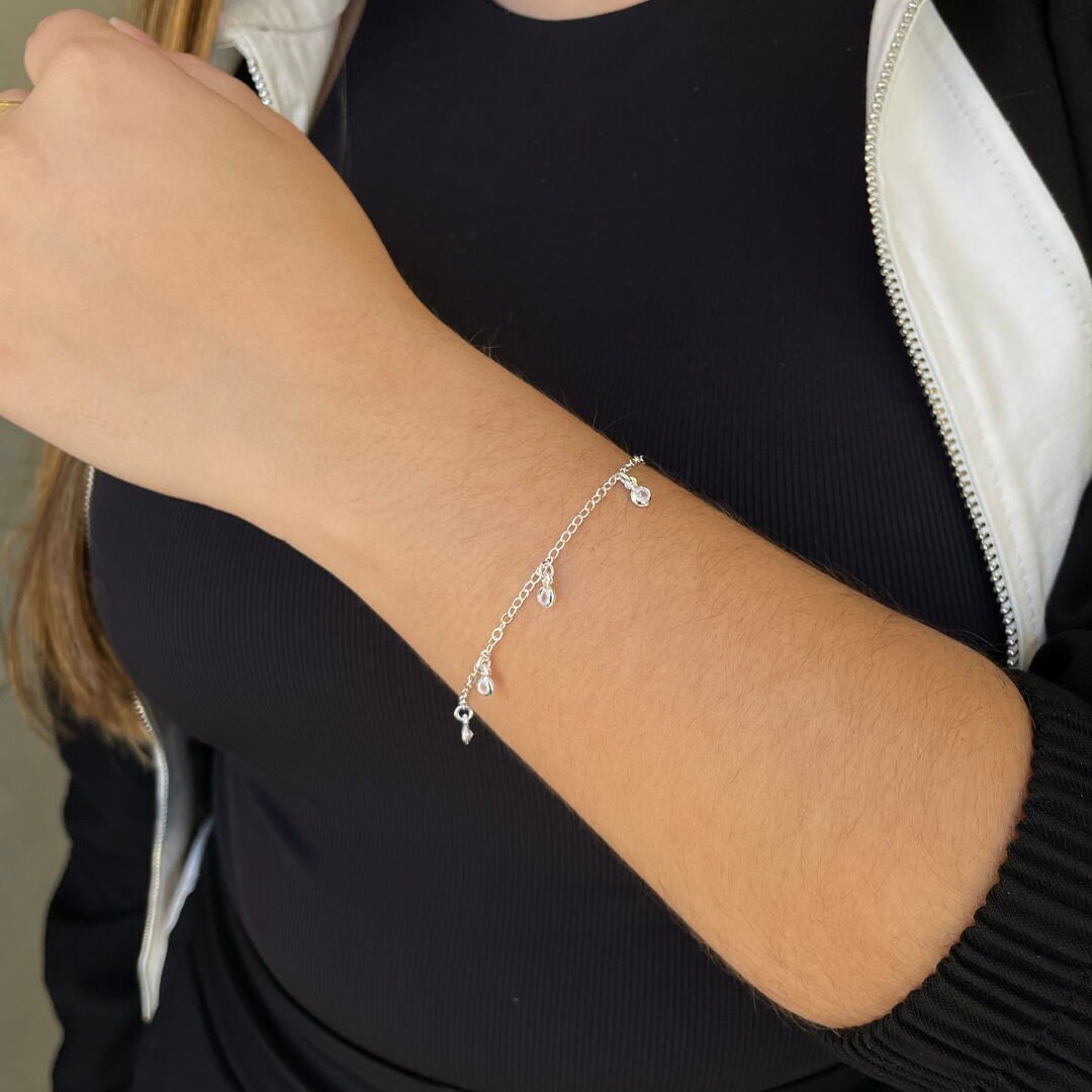 Pulseira c/ 7 Pontos de Luz Pendurados 3mm Cristal Prateada