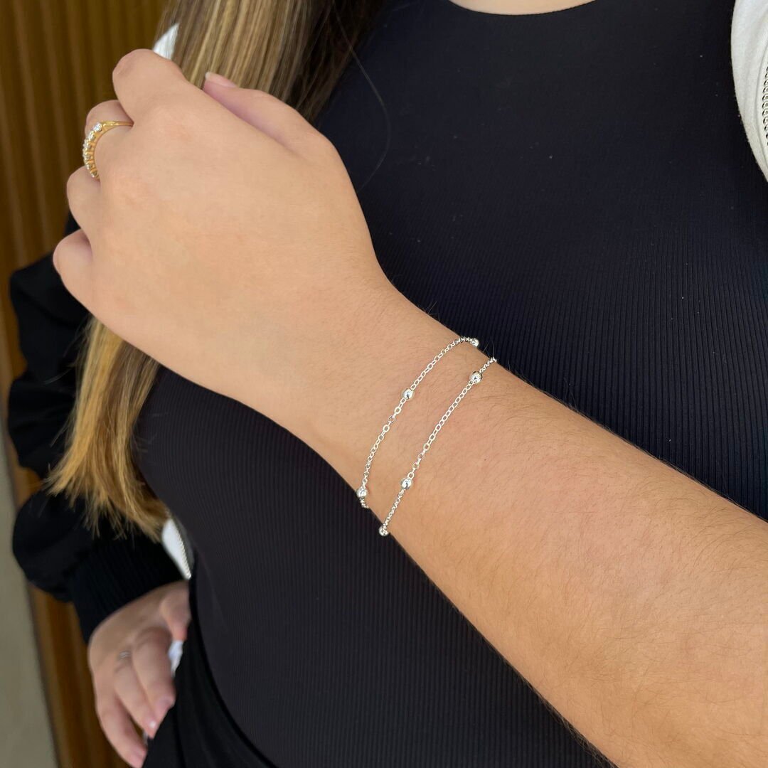 Pulseira Dupla de Bolinhas Cheias Lisa Prateada