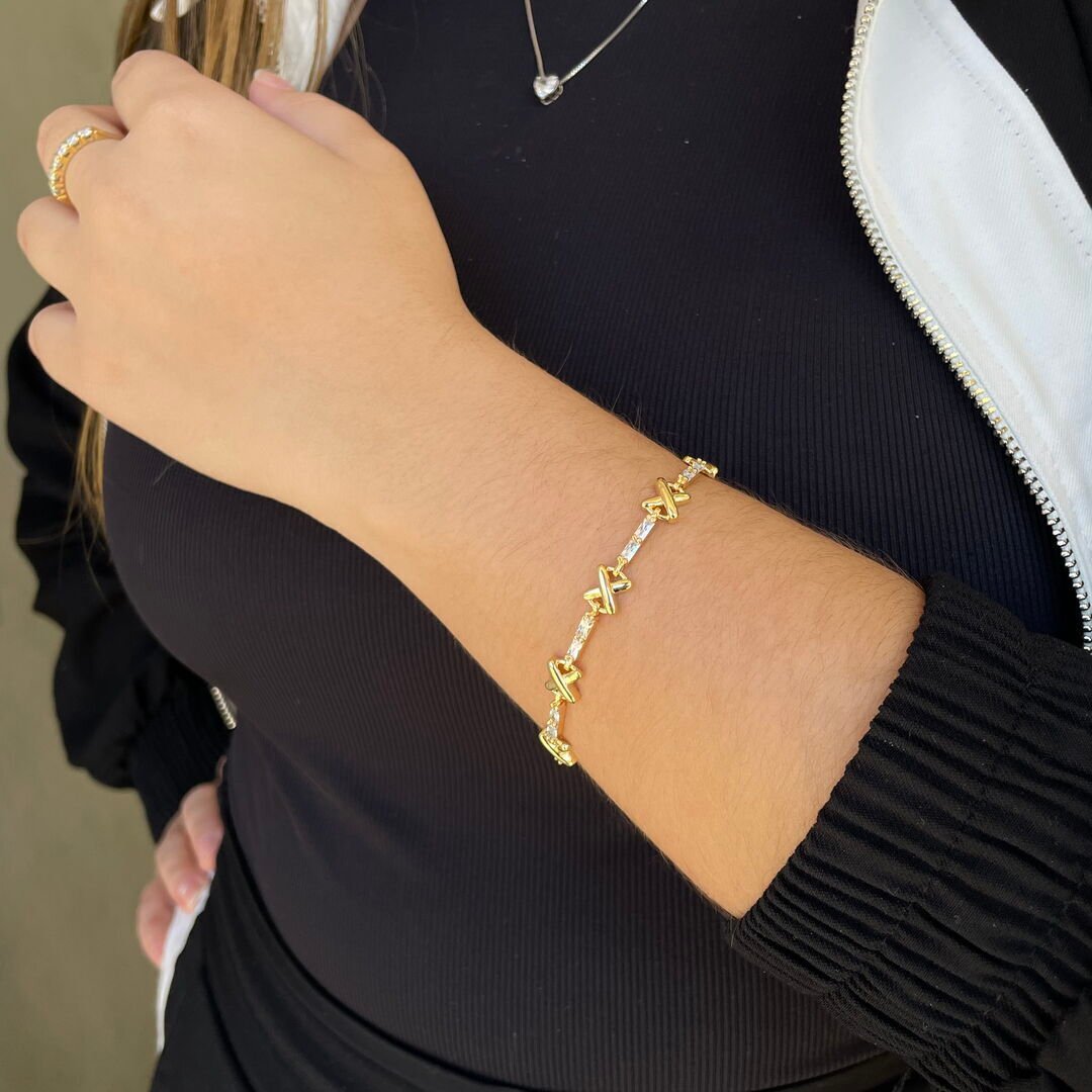 Pulseira Luxo Baguetes c/ X Cristal Dourada
