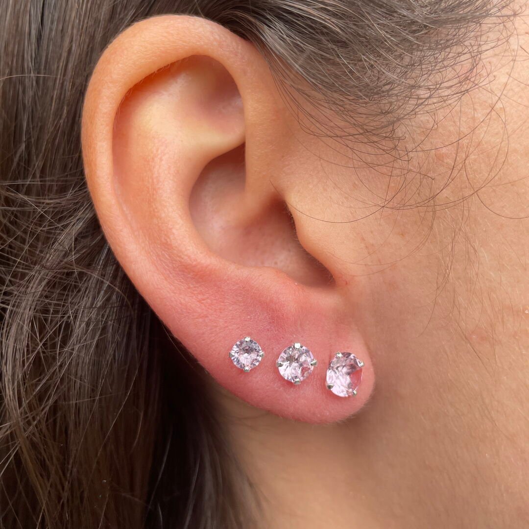 Trio de Brincos de Zircônia Rosa Prateado