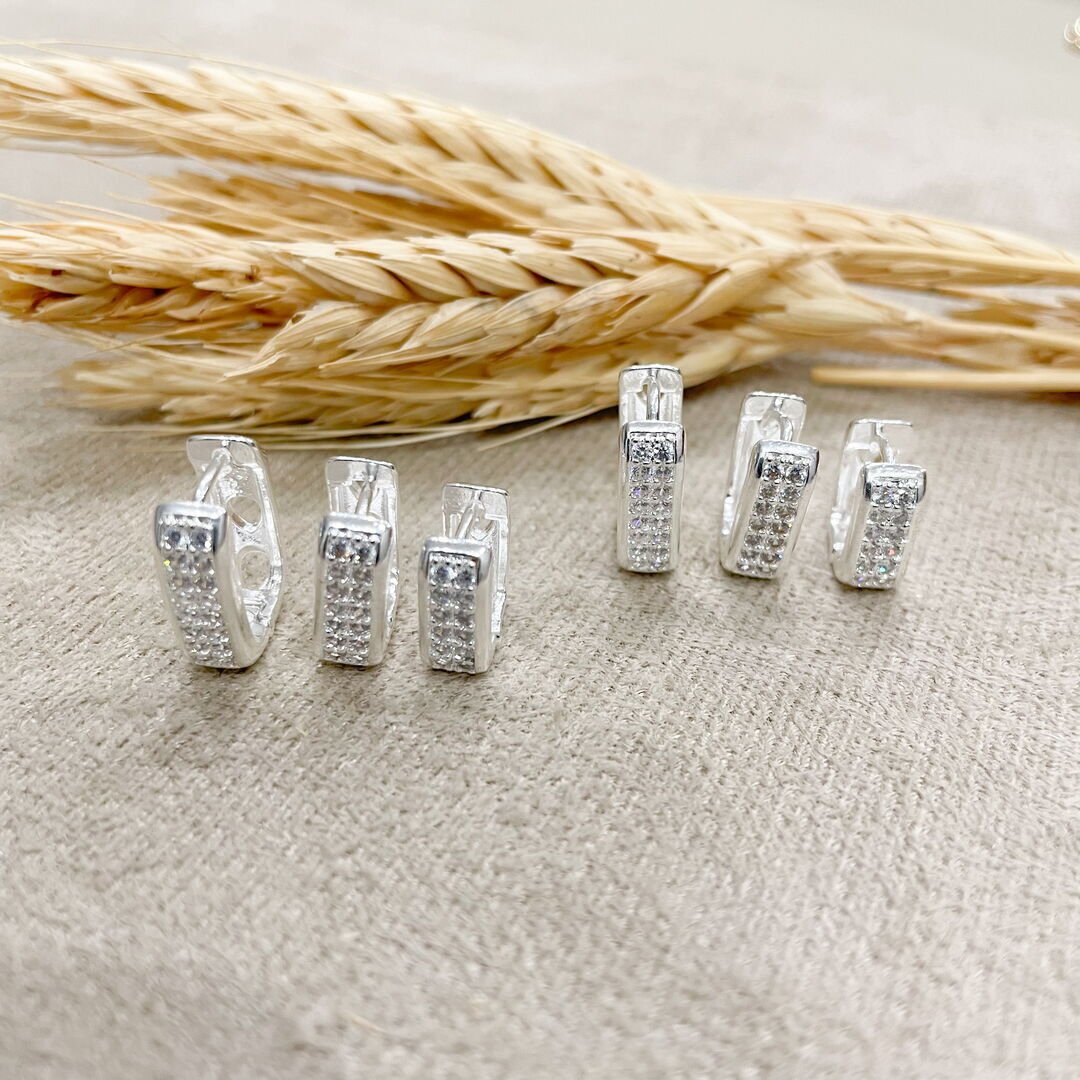 Trio de Argola Quadrada c/ 2 Carreiras Luxo Cravejada Cristal Prateado